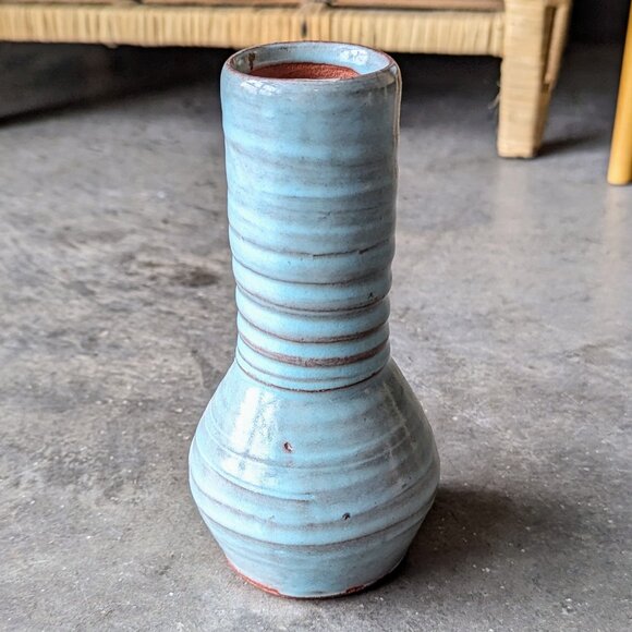Vintage Handmade Blue Painted Terra Cotta Tall Vase - Picture 3 of 6